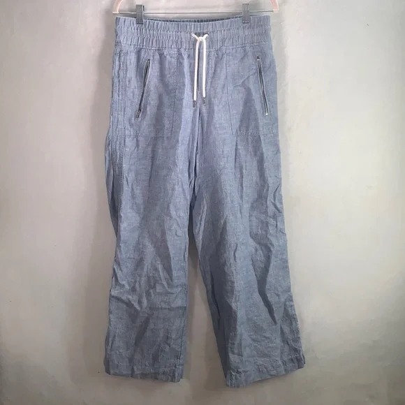 Athleta Cabo Linen Wide Leg Pant Size 4P Petite Blue Zipper Pockets Drawstring - Picture 2 of 8